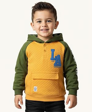 Babyhug Cotton Knit Full Raglan Sleeves Hooded Sweatshirt with & LA Graphics - Yellow & Green