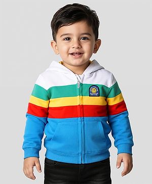 Babyhug Cotton Knit Full Sleeves Hooded Sweatjacket With Color Block Design & Kangaroo Pockets - Multicolor