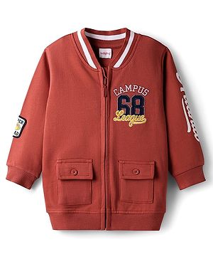 Babyhug Cotton Knit Full Sleeves Front Open Sweatjacket With Sports Theme Graphics - Red
