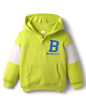 Babyhug Cotton Knit Full Sleeves Hooded Sweatshirt With Boston Embroidery & Kangaroo Pockets - Light Green