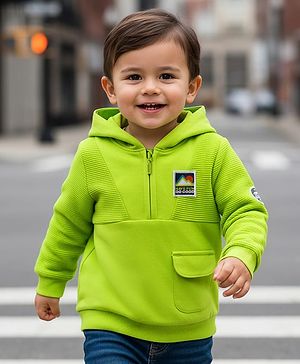 Babyhug Cotton Knit Full Sleeves Hooded Sweatshirt With Patch Detailing - Lime Green