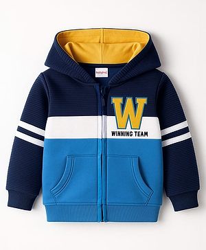 Babyhug Cotton Knit Full Sleeves Cut & Sew Hooded SweatJacket with Text Embroidery - Multicolor