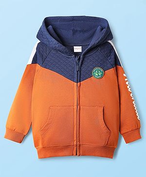Babyhug Cotton Knit Full Raglan Sleeves Cut & Sew Front Open Hooded Sweatjacket With Text Print - Multi Colour