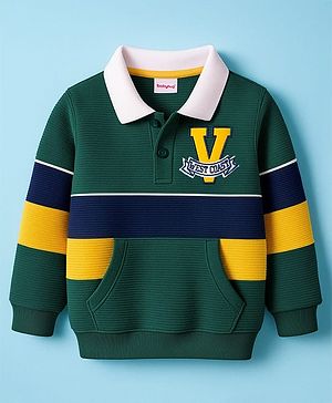 Babyhug Cotton Knit Full Sleeves Sweatshirt With Text Embroidery & Kangaroo Pockets - Dark Green