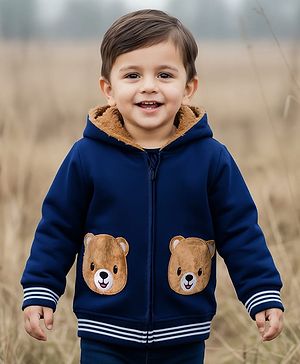 Babyhug Cotton Knit Full Sleeves Hooded SweatJacket with Bear Patch Detailing - Navy Blue