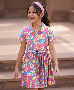 Pine Kids Cotton Knit Half Sleeves Frock With Belt & Floral Print - Dark Pink