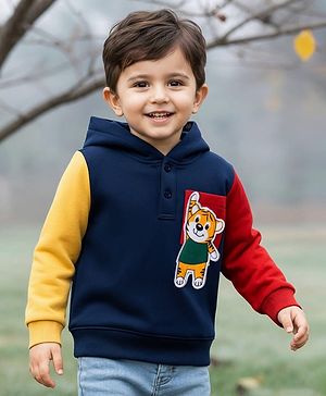 Babyhug 100% Cotton Knit Full Sleeves Hooded Sweatshirt With Tiger Applique - Navy Blue