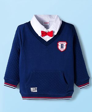 Babyhug Cotton Knit Full Sleeves Heavy Gauge Quilted Fabric Overlapped Sweatshirt With Varsity Patch & Kangaroo  Pockets - Navy Blue
