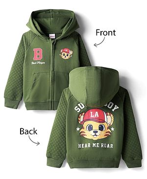 Babyhug Cotton Knit Full Raglan Sleeves Hooded Sweatjacket With Tiger Print & Kangaroo Pockets - Green