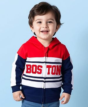 Babyhug Cotton Knit Full Sleeves Hooded Sweatjacket With Boston Embroidery - Multicolor