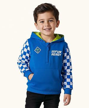 Babyhug Cotton Knit Full Sleeves Hooded Sweatjacket With Text Print & Kangaroo Pockets - Blue