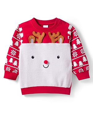 Babyhug Cotton Knit Full Sleeves Sweatshirt With Reindeer Print & Applique - Red & White