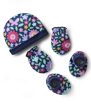 Babyhug 100% Cotton Floral Printed Cap Mittens & Booties Set Navy Blue - Diameter 14 cm