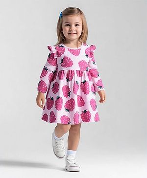 Bonfino 100% Cotton Full Sleeves Fruits Printed Dress With Frill Detailing - Light Pink