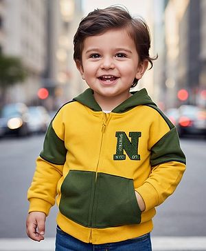 Babyhug Cotton Knit Full Sleeves Hooded SweatJacket with Cut & Sew Design & Kangaroo Pocket - Yellow & Green