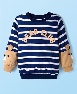 Babyhug Cotton Knit Full Sleeves Striped Sweatshirt With Teddy Bear Print & Applique - Navy Blue & White