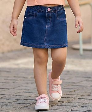 Babyhug Denim Mid Thigh Washed Skirt With Stretch - Navy Blue