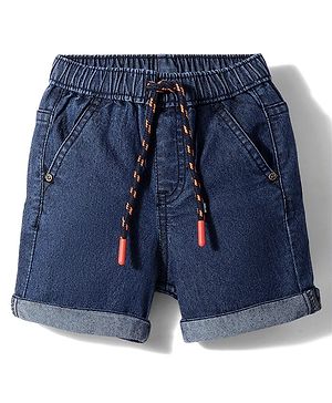 Babyhug Denim Mid Thigh Washed Shorts With Stretch - Navy Blue