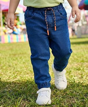 Babyhug Denim Full Length Washed Joggers with Stretch - Navy Blue