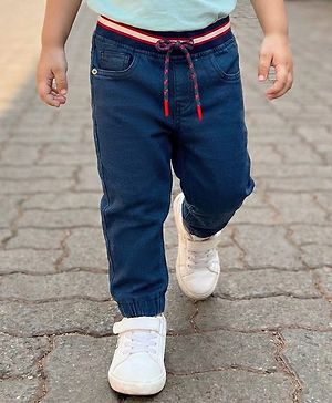 Babyhug Denim Full Length Washed Jogger - Navy Blue