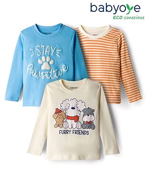 Babyoye 100% Cotton Knit Full Sleeves Striped T-Shirts with Puppy Graphics Pack of 3 - Multicolor
