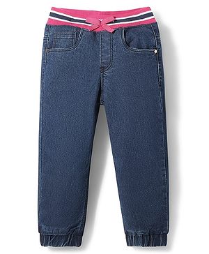 Babyhug Full Length Washed Denim Jeans With Ribbed Waist - Navy Blue