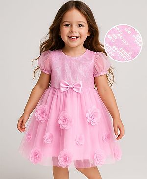 Babyhug Mesh Woven Fit & Flare Cap Sleeves Party Dress with Sequinned Yoke Floral & Bow Applique - Pink
