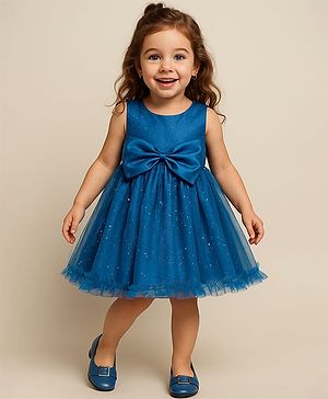 Babyhug Woven Sleeveless Glitter Mesh Party Dress with Bow Applique - Royal Blue