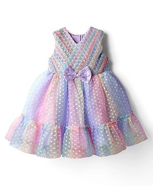 Babyhug Woven Sleeveless Mesh Pleated Party Dress with Bow Applique & Sequin Detailing - Multicolor