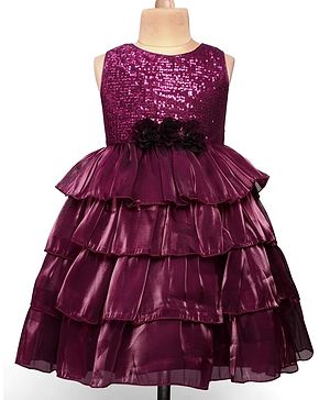 Babyhug Glass Nylon Sleeveless 5 Layer With Cotton Lining Fit & Flare Tiered Party Dress With Sequin & Floral Applique - Wine