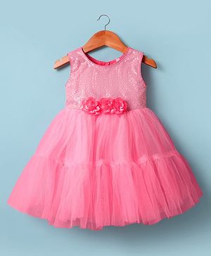 Babyhug Mesh Woven Sleeveless  Partywear Dress With Floral Corsage & Sequined Yoke - Pink
