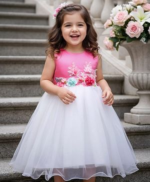 Babyhug Woven Sleeveless Mesh Party Dress with Floral Applique - Pink & White