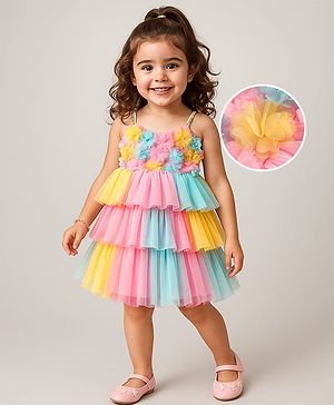 Babyhug Mesh Woven Sleeveless Fit & Flare Party Dress with Floral Applique - Pink Yellow & Blue