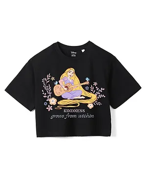 Wear Your Mind Cotton Knit Disney Tangled Featuring Half Sleeves Rapunzel Printed Crop Tee - Black