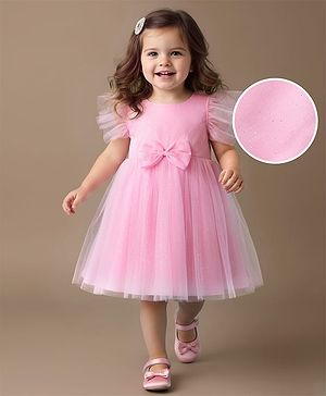 Babyhug Woven Frill Sleeves Mesh Party Dress with Bow Applique & Glitter Print - Pink