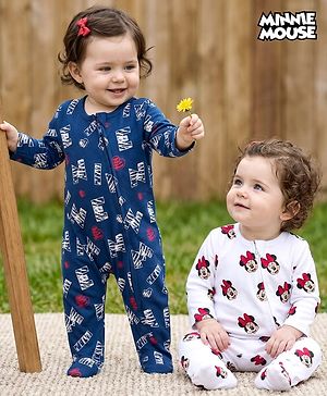 Babyhug Disney Interlock Knit Full Sleeves Footed Sleepsuit With Minnie Mouse Print Pack Of 2 - Navy Blue & White