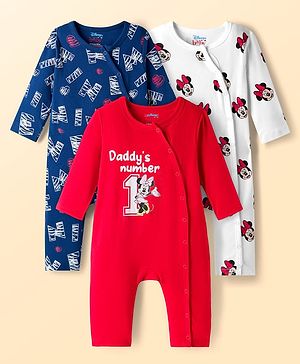 Babyhug Disney Inyterlock Knit Full Sleeves Front Open Rompers with Minnie Mouse Graphics Pack of 3 - Red White & Blue