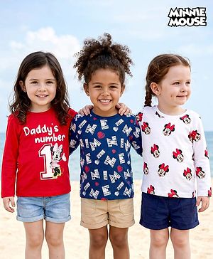 Babyhug Disney Single Jersey Knit Full Sleeves T-Shirts with Minnie Mouse Graphic Pack of 3 - Red Navy Blue & White