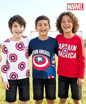 Pine Kids Marvel Single Jersey Knit Full Sleeves T-Shirts with Avengers Captain America Graphic Pack of 3 - White Blue & Red