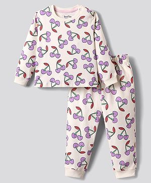 Bonfino 100% Cotton Knit Full Sleeves Co-Ord Night Suit with Cherry Print - Ivory