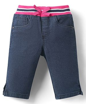 Babyhug Washed Denim Capri With Ribbed Waist - Navy Blue
