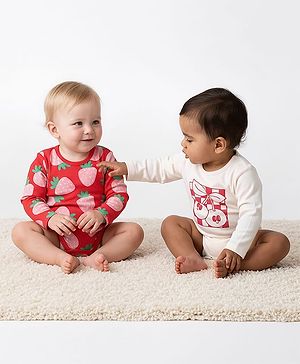 Bonfino 100% Cotton Knit Full Sleeves Onesies with Fruit Print Pack of 2 - Red & Ivory