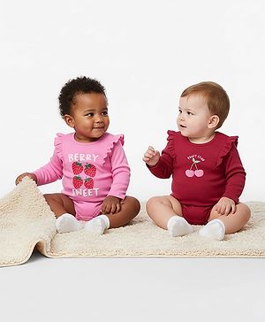 Bonfino 100% Cotton Knit Full Sleeves Onesies with Fruit Print & Frill Detailing Pack of 2 - Red & Pink