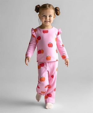 Bonfino 100% Cotton Knit Full Sleeves Co-ords  T-Shirt & Wideleg Leggings Set with Pumpkin Print - Pink