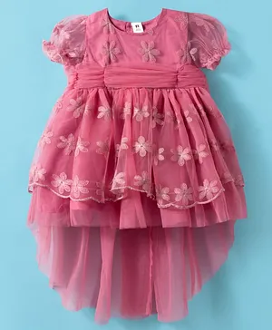 ToffyHouse Woven Puff Sleeves
                                  Frock with Floral Embroidery Ruffles
                                  Detailing - Magenta Pink