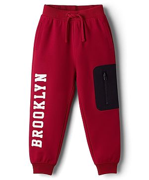 Babyhug Terry Knit Full Length Lounge Pant With Text Print - Red