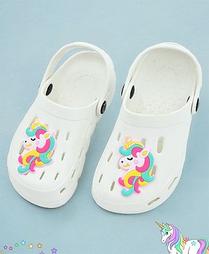 Yellow Bee Solid Perforated Clogs With Unicorn Charm - White