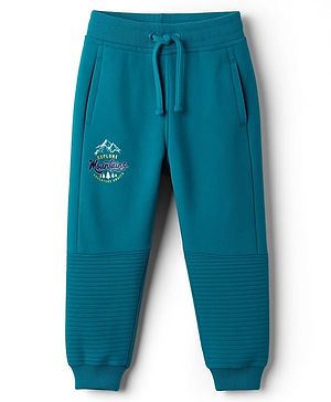 Babyhug French Terry Knit Full Length Lounge Pant With Text Print - Teal Blue