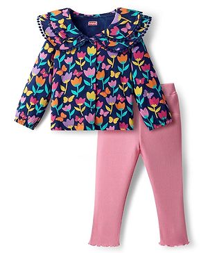 Babyhug Single Jersey Knit Full Sleeves Top & Leggings Set With Floral Print - Navy Blue & Pink