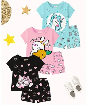 KUCHIPOO Cotton Knit Pack Of 3 Half
                              Sleeves Cute Animals & Heart Printed
                              Tees & Coordinating Shorts Set - Black
                              Pink & Teal Blue